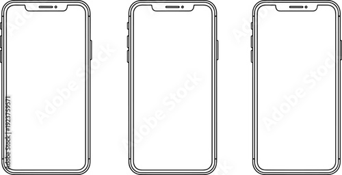 Vector illustration set of smartphone outlines with front-facing camera, speaker notch, side buttons, minimal design decorative motifs