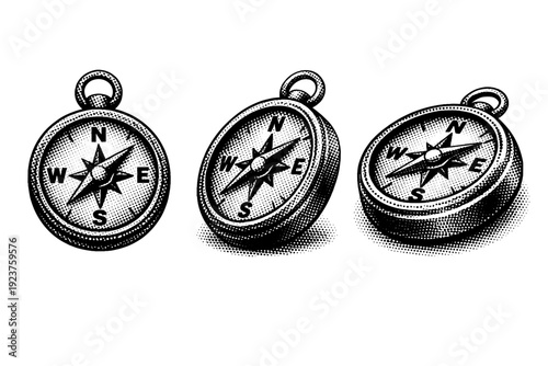 Compass camping badge icon shown as a single object presented in three views: front view, angled view, and perspective view focusing on circular form and