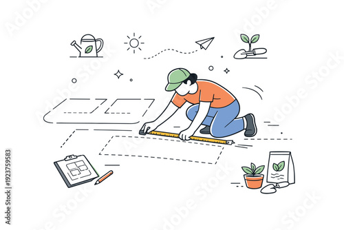 Garden planning and layouts. A person measures garden beds with a tape measure, layout lines drawn lightly on the ground. Practical