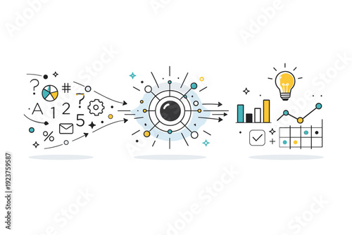 Machine learning process. Data symbols flowing into a simple abstract core and reorganizing into clear patterns. Editorial metaphor of learning, processing,