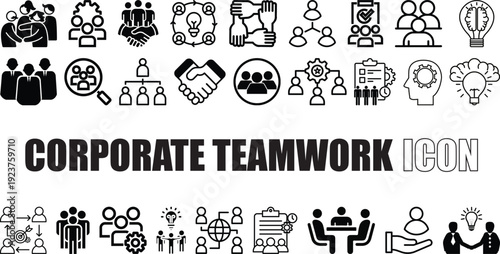 Corporate Teamwork Icon Set Business Collaboration, Office Staff & Brainstorming Symbols.