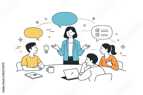 Woman team leader. A calm scene of a female leader guiding a discussion around a table, showing inclusive teamwork and balanced