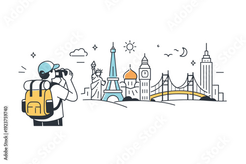 Urban landmarks journey. A traveler photographs a simplified skyline with recognizable shapes. The illustration conveys memory-making and
