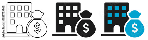 Corporate Investment Icon Set with Business Building and Money Bag for Financial Growth