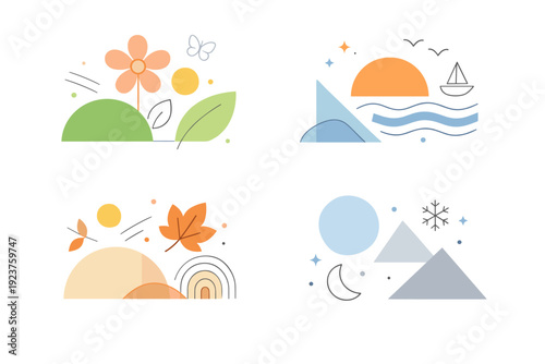 Geometric Seasonal Transition. Seasonal geometric layouts. A clean abstract composition of geometric shapes arranged to suggest a seasonal transition, with