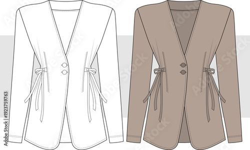 Elegant women's jacket with tie-back bow detail, fashion technical drawing, illustration. Jacket, coat vector. Flat drawing, CAD, mockup.