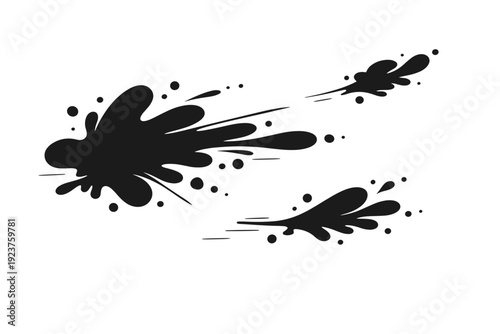 Abstract ink dispersion composition. Ink shapes expanding asymmetrically with scattered droplets trailing behind, creating visual rhythm and