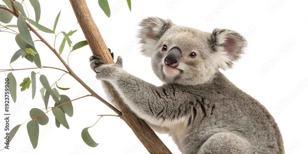 Fototapeta premium Baby Koala Holding Branch Isolated PNG Transparent Background