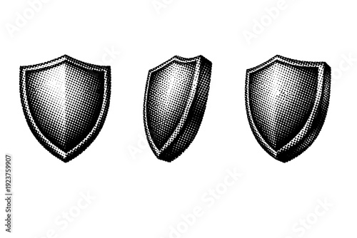 Halftone shield badge A shield-shaped badge shown in front view, angled side view, and three-quarter view emphasizing dimensional form. Black and white dot
