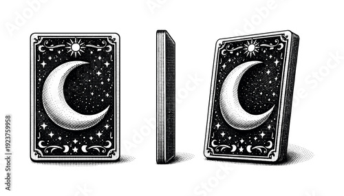 Tarot card design featuring a crescent moon symbol with decorative border shown from front view, side view, and three-quarter view as a