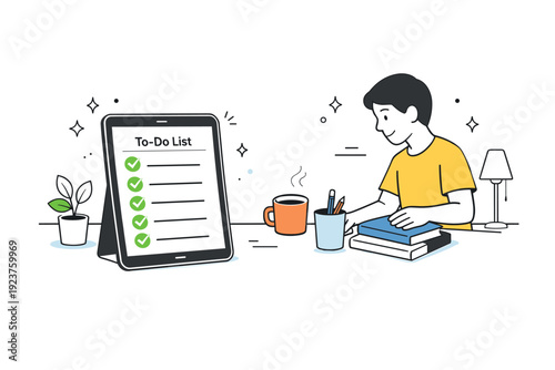 Workday wrap-up rituals. A digital to-do list on a tablet shows completed checkmarks while a person gently tidies their workspace, reflecting