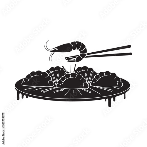 Asian Food Dumplings and Shrimp with Chopsticks Black Silhouette Icon Illustration