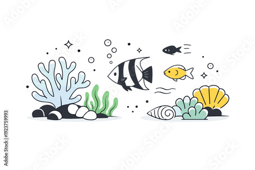 Underwater coral reef. Colorful fish swim among vibrant corals and sea plants, with subtle floating bubbles and abstract shapes emphasizing