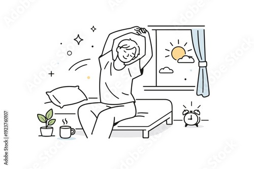 Quiet personal mornings. Individual stretching lightly near a window after waking up, relaxed posture and empty space around. Unhurried