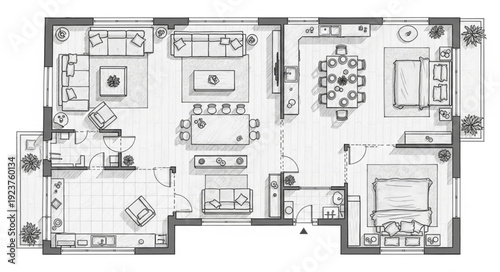 Detailed architectural floor plan showcasing interior design and room layouts for a modern apartment.