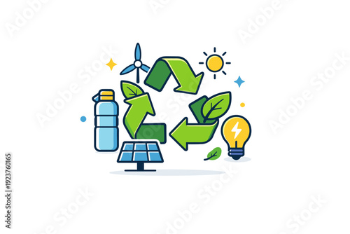 Save the planet concept focused on a simple recycling symbol combined with leaves and clean energy accents, expressing everyday eco friendly