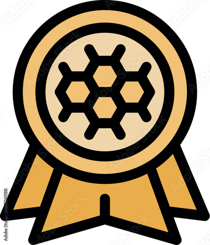 Round badge with honeycomb pattern and ribbon symbolizes premium honey and bee products