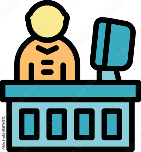 Bank teller assisting customers with their financial transactions at a computer terminal behind the counter