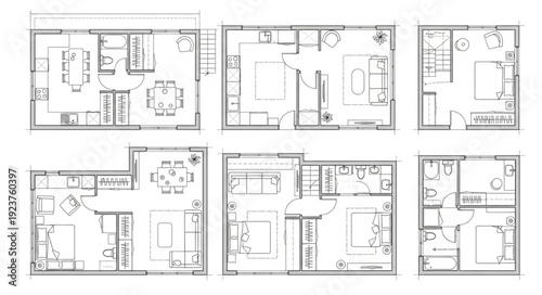 Architectural floor plans showcasing residential layouts and interior design concepts for homes.
