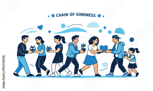 Chain of kindness. A line of people passing small gifts forward, motion flowing smoothly