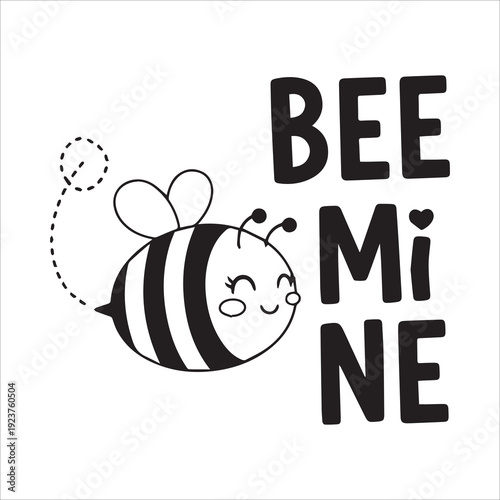 Cute Cartoon Bee with "BEE Mi NE" Pun Text Romantic Line Art Illustration