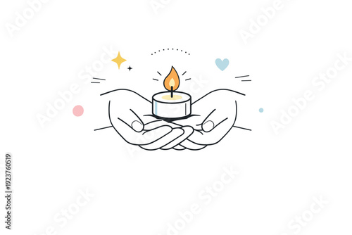 Candlelight vigil. A minimal scene of hands holding a small candle, the flame symbolizing remembrance and hope. The mood is intimate and