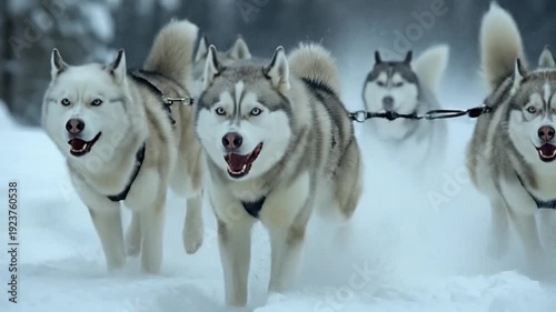 Siberian husky pack running in snow. Powerful sled dogs in winter landscape. Cinematic action shot with dramatic lighting. Ultra realistic fur detail. Arctic dogs sprinting through