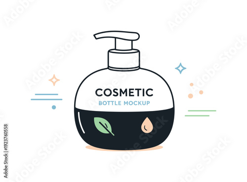 Cosmetic bottle mockup. A rounded bottle with pump dispenser centered on a clean background. Premium skincare feeling and modern simplicity,