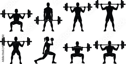 Weightlifting and bodybuilding silhouettes set, featuring athletes performing squats, deadlifts, lunges, and overhead presses for fitness training and gym workout,