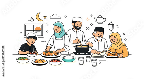 Family Iftar Preparation. Family preparing iftar together. A multial family calmly cooking and plating food in a tidy kitchen as the sun begins to