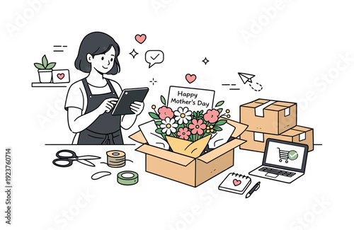 Florist preparing Mother's Day flower delivery order on tablet with boxes and laptop