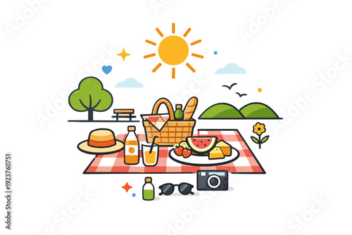 Picnics in the park emphasizing seasonal leisure and outdoor wellbeing. A compact scene with sun icons, light snacks, and park elements
