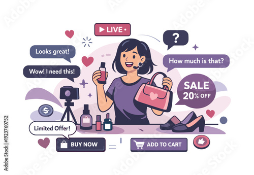 Live shopping stream. Host showcasing products in real time, chat bubbles and buy buttons