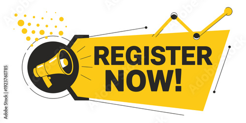 Register now icon vector illustrating label or tag with loudspeaker for modern registration, event, and signup design