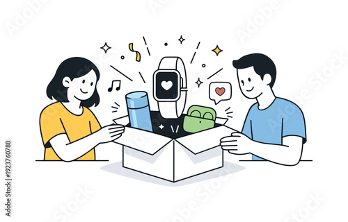 Product unboxing with people. Abstract composition of open box, hands, product shapes, and soft celebration symbols. Balanced reveal moment