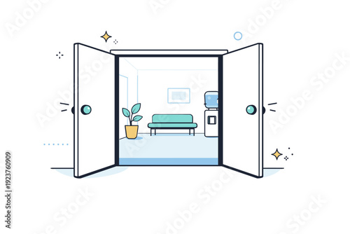 Open doors in public. An open door in a public building reveals a quiet interior, no people visible. Invitation without pressure, pause between spaces, calm