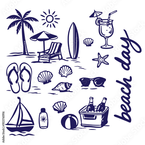 Hand Drawn Beach Day Summer Vacation Icons Set