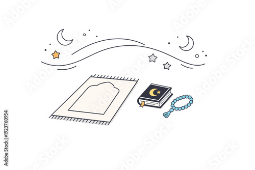 simple prayer setup. A minimal rug in a bright room with a Quran and prayer beads gently placed beside, abstract floating stars and soft curved lines