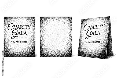 Charity gala invitation card. A realistic charity gala invitation card shown as a single object from three different angles: front view, back view, and