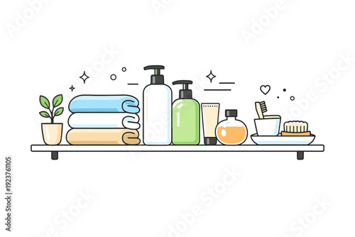 Minimalist bathroom organization ? Clean bathroom shelf with neatly arranged towels and bottles. Calm neutral tones, lots of white space, sense of order and