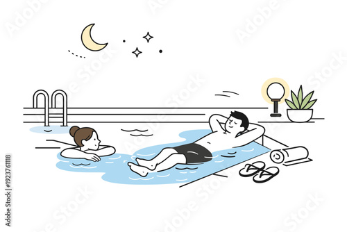 Night swimming experiences. Late-night pool moment as the day ends, quiet water and relaxed postures under soft lights. Tranquil after-hours