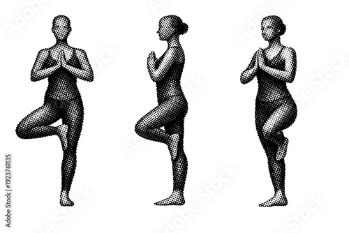 Yoga Pose Illustrations. Yoga tree pose icon. A single yoga tree pose icon shown in three views: front view, side view, and three-quarter view, accurately