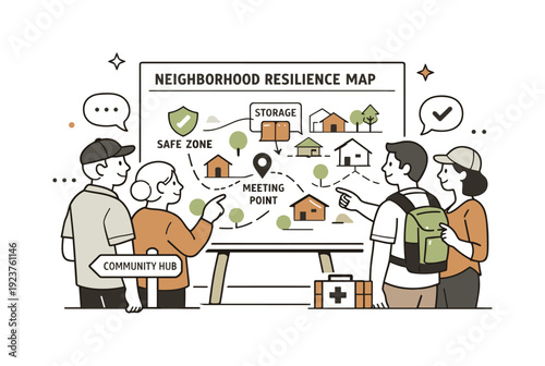 Community members planning neighborhood resilience and safety using a detailed map