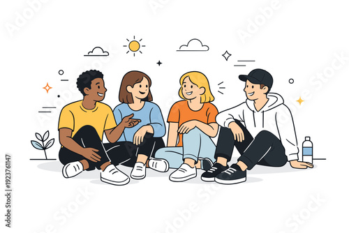 Friends spending time together. Casual scene of friends walking or sitting together, relaxed posture and shared moment. Calm joy, everyday