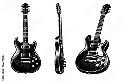 Electric guitar, solid-body electric guitar with double-cutaway shape, visible pickups, control knobs, and bridge hardware shown from front