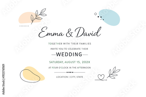 Minimal wedding invitation design. Simple abstract shapes and light botanical elements placed with lots of white space. Modern, airy background emphasizing