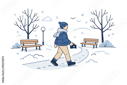 Winter photography walks in city parks. A calm editorial scene of a person walking through a snowy park path with a camera in hand, bare