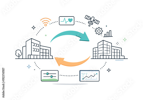 Digital twin data sync icon. Abstract symbols of arrows, sensors, and UI panels connecting a real object and its digital copy, showing live