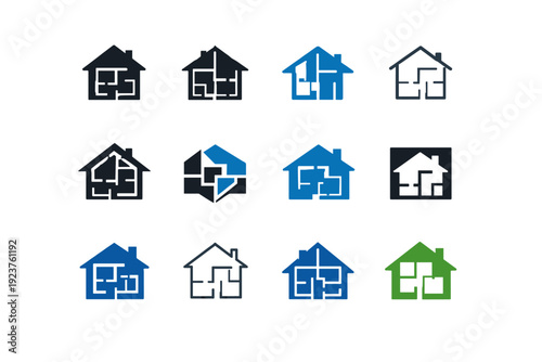 Home renovation projects. Icon set. Set Logo of Home renovation projects: blueprint house plan. harmonious logo variations of the same emblematic concept, each