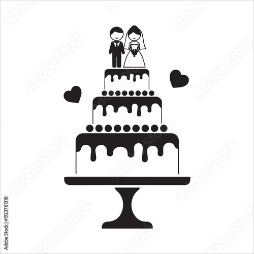 Multi tiered wedding cake with bride and groom topper black and white silhouette icon